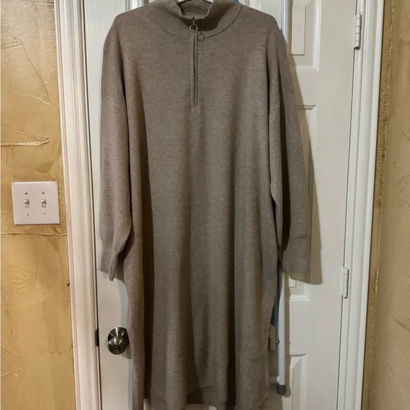 Ava & Viv women’s quarter zip long sleeve mini sweater dress taupe XXL